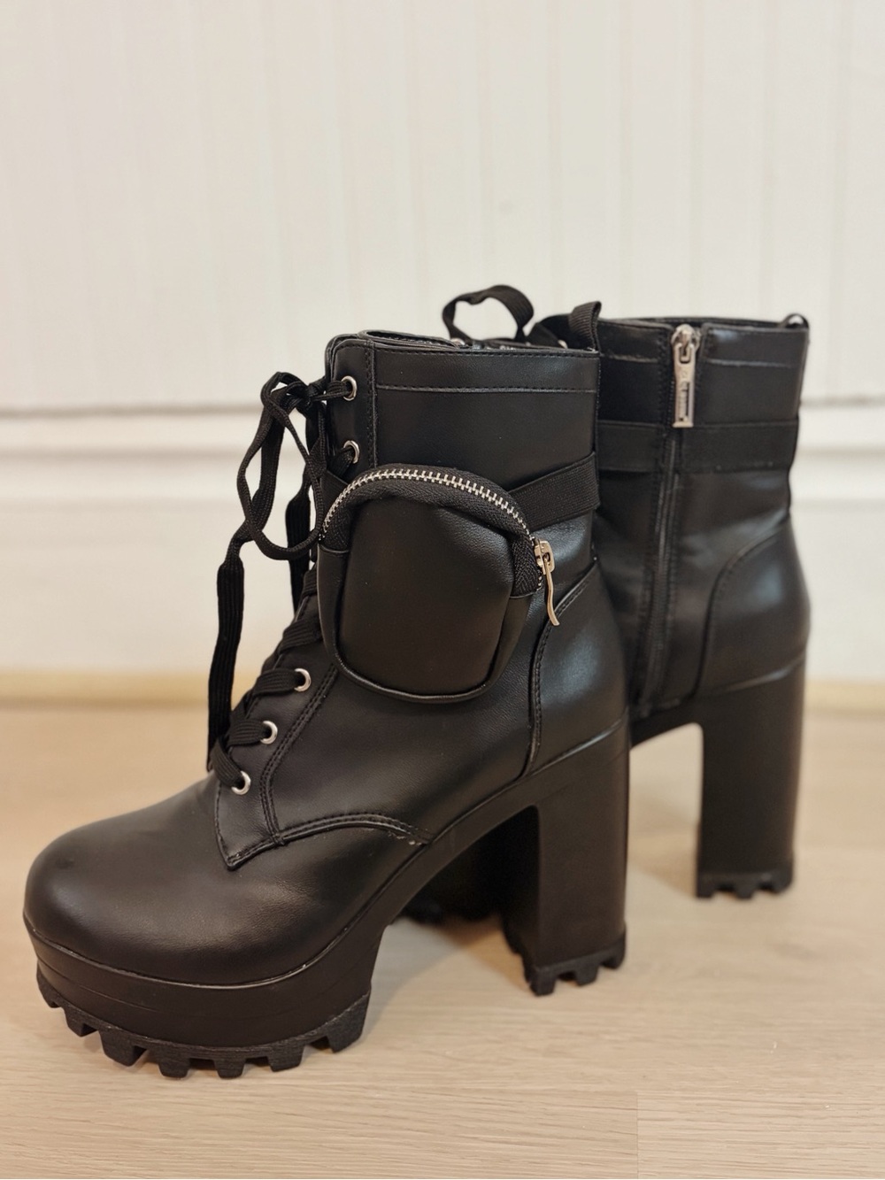 Black Platform Lace-Up Ankle Boots with Pouch